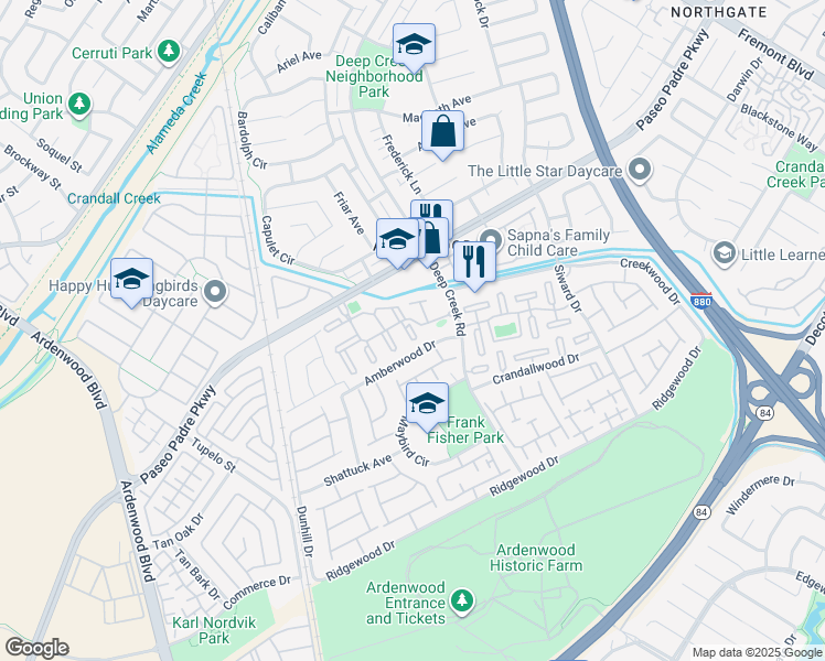 map of restaurants, bars, coffee shops, grocery stores, and more near 4976 Dunsmuir Common in Fremont