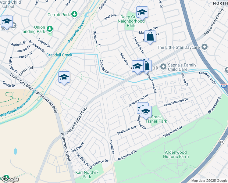 map of restaurants, bars, coffee shops, grocery stores, and more near 34099 Webfoot Loop in Fremont