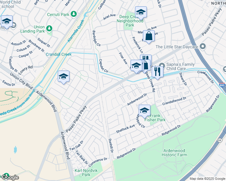 map of restaurants, bars, coffee shops, grocery stores, and more near 34099 Webfoot Loop in Fremont
