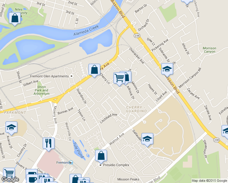 map of restaurants, bars, coffee shops, grocery stores, and more near 38721 Cherry Lane in Fremont