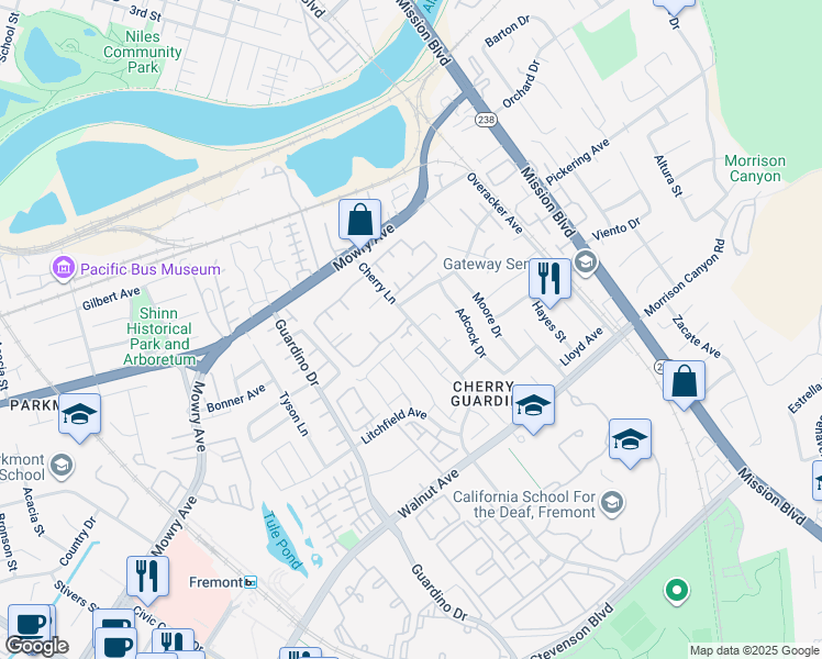 map of restaurants, bars, coffee shops, grocery stores, and more near 38721 Cherry Lane in Fremont