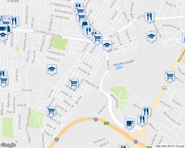 map of restaurants, bars, coffee shops, grocery stores, and more near 1518 Pulaski Street in Richmond