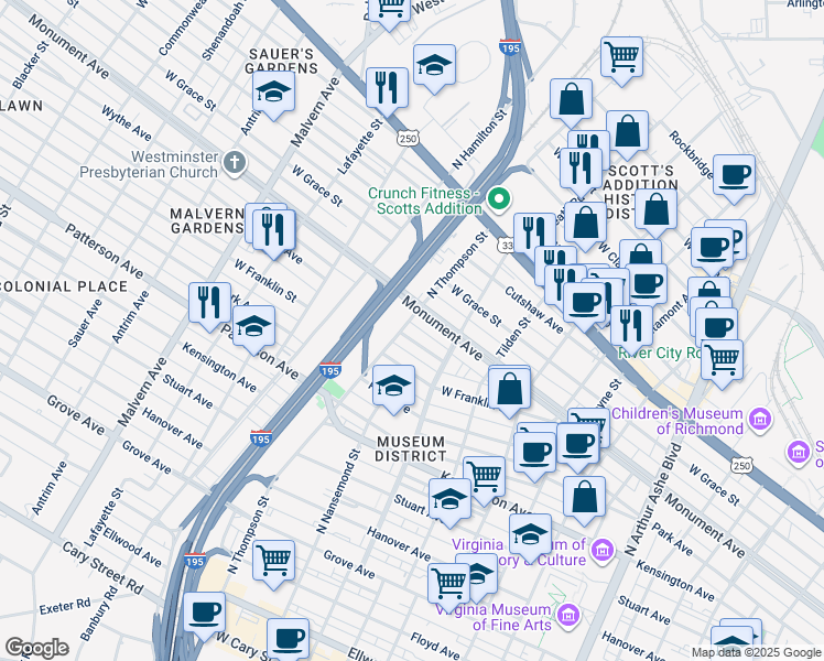 map of restaurants, bars, coffee shops, grocery stores, and more near 3416 Wythe Avenue in Richmond