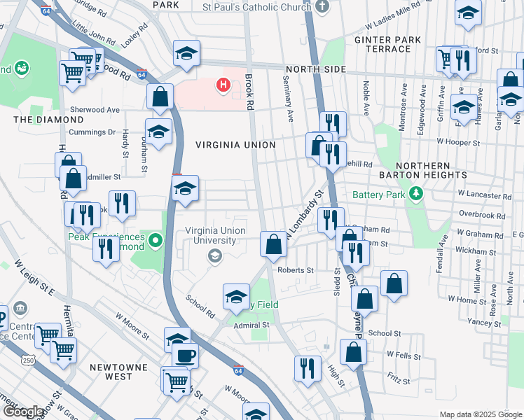 map of restaurants, bars, coffee shops, grocery stores, and more near Brook Rd & Overbrook Rd in Richmond