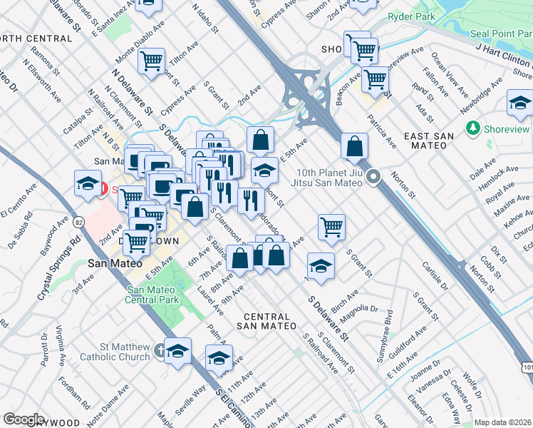 map of restaurants, bars, coffee shops, grocery stores, and more near 610 South Fremont Street in San Mateo