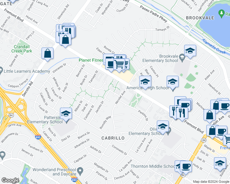map of restaurants, bars, coffee shops, grocery stores, and more near 4091 Lorenzo Terrace in Fremont