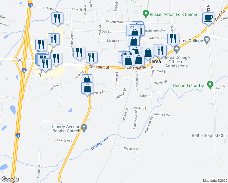map of restaurants, bars, coffee shops, grocery stores, and more near 117 Hanson Street in Berea