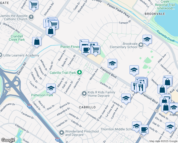 map of restaurants, bars, coffee shops, grocery stores, and more near 4091 Lorenzo Terrace in Fremont