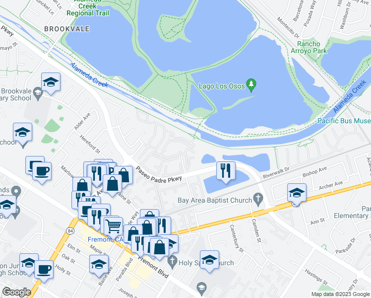 map of restaurants, bars, coffee shops, grocery stores, and more near 37167 Panton Terrace in Fremont