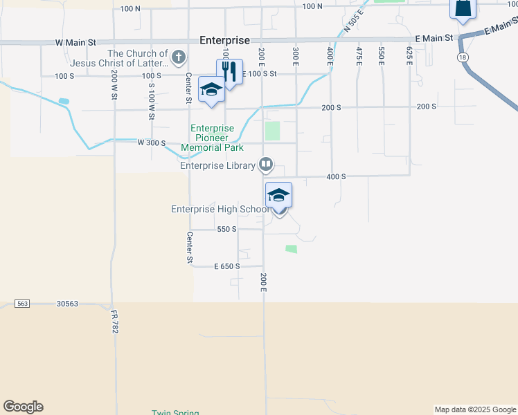map of restaurants, bars, coffee shops, grocery stores, and more near 496 South 200 East Street in Enterprise