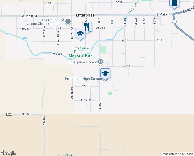 map of restaurants, bars, coffee shops, grocery stores, and more near 496 South 200 East Street in Enterprise