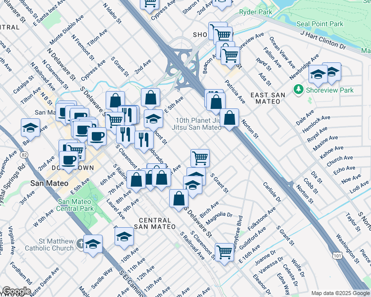 map of restaurants, bars, coffee shops, grocery stores, and more near 810 South Grant Street in San Mateo
