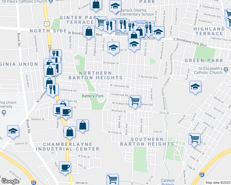 map of restaurants, bars, coffee shops, grocery stores, and more near 106 Overbrook Road in Richmond