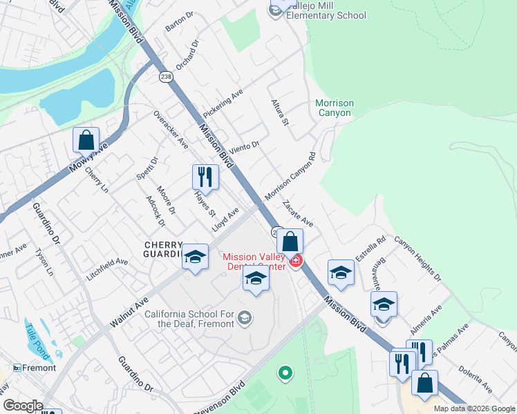 map of restaurants, bars, coffee shops, grocery stores, and more near 38 Walnut Ave in Fremont
