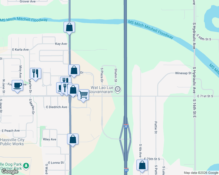 map of restaurants, bars, coffee shops, grocery stores, and more near 7051 Shahin Drive in Haysville