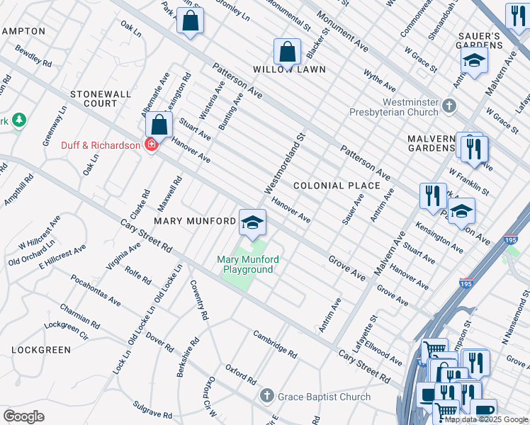map of restaurants, bars, coffee shops, grocery stores, and more near 4520 Grove Avenue in Richmond