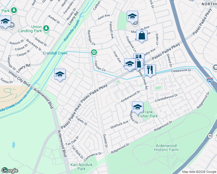 map of restaurants, bars, coffee shops, grocery stores, and more near 34099 Webfoot Loop in Fremont