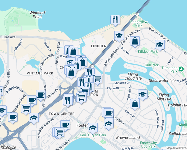 map of restaurants, bars, coffee shops, grocery stores, and more near 1166 Triton Park Lane in Foster City