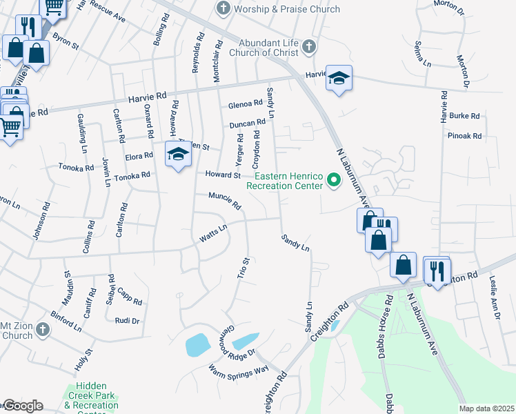 map of restaurants, bars, coffee shops, grocery stores, and more near 2910 Sandy Grove Court in Richmond