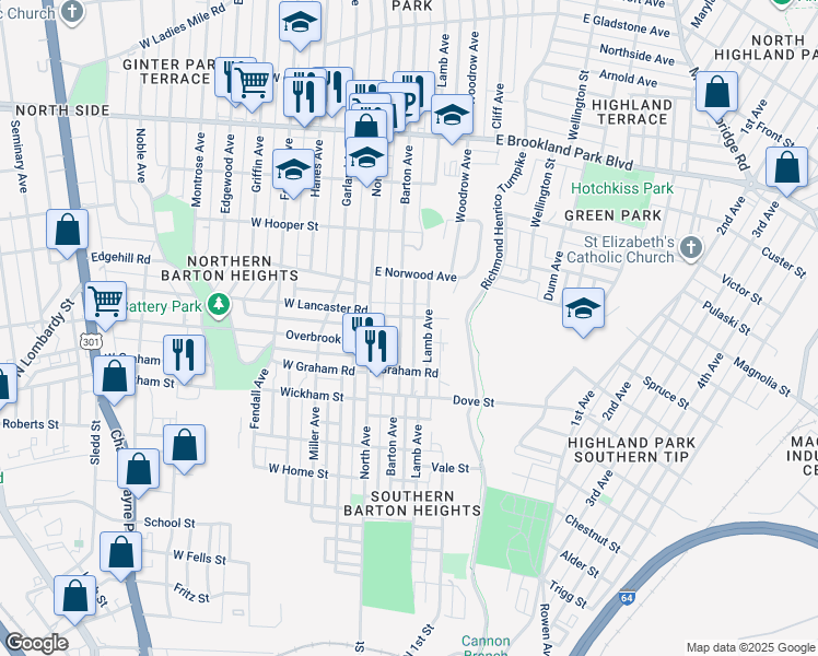 map of restaurants, bars, coffee shops, grocery stores, and more near 2603 Barton Avenue in Richmond