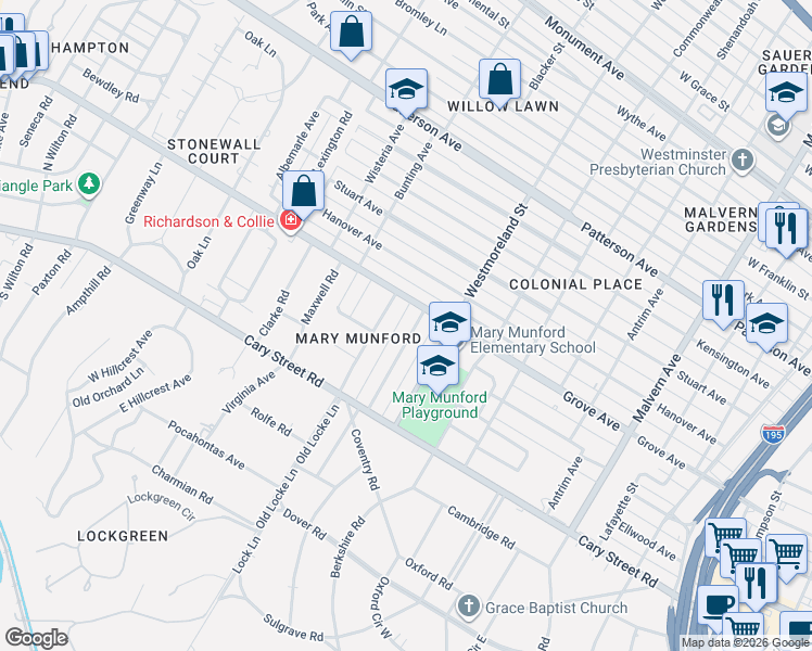map of restaurants, bars, coffee shops, grocery stores, and more near 50 East Lock Lane in Richmond