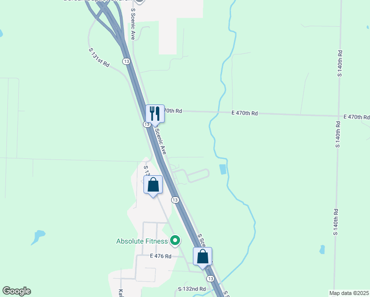 map of restaurants, bars, coffee shops, grocery stores, and more near 5400 South Scenic Avenue in Bolivar