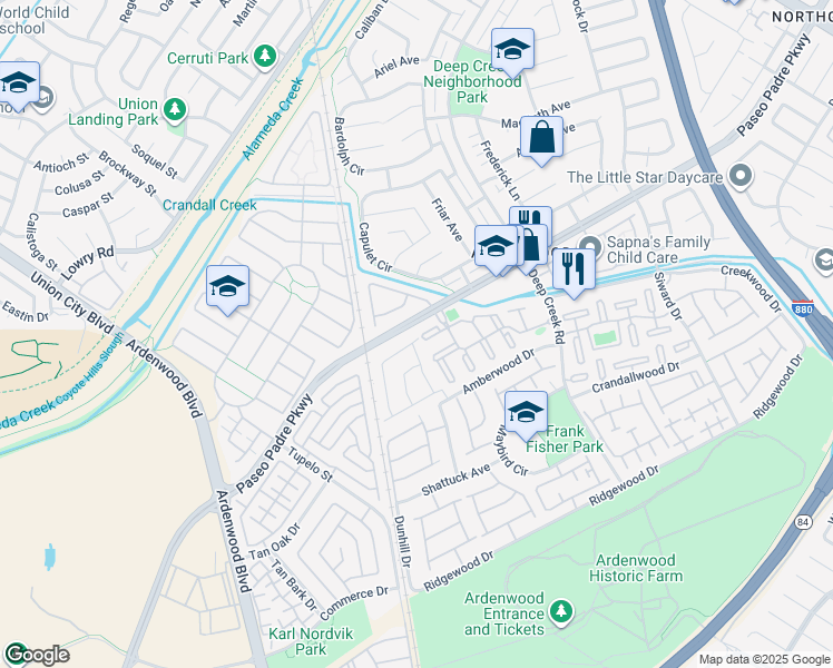 map of restaurants, bars, coffee shops, grocery stores, and more near 34113 Finnigan Terrace in Fremont