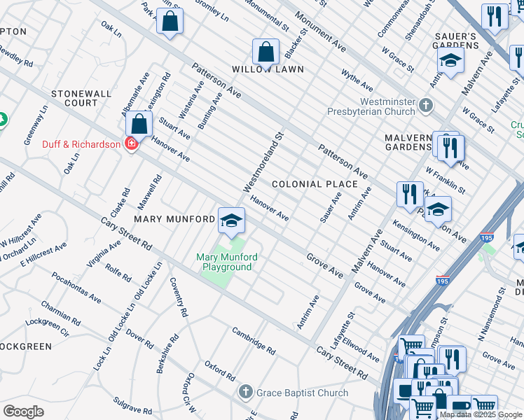 map of restaurants, bars, coffee shops, grocery stores, and more near 4503 Hanover Avenue in Richmond