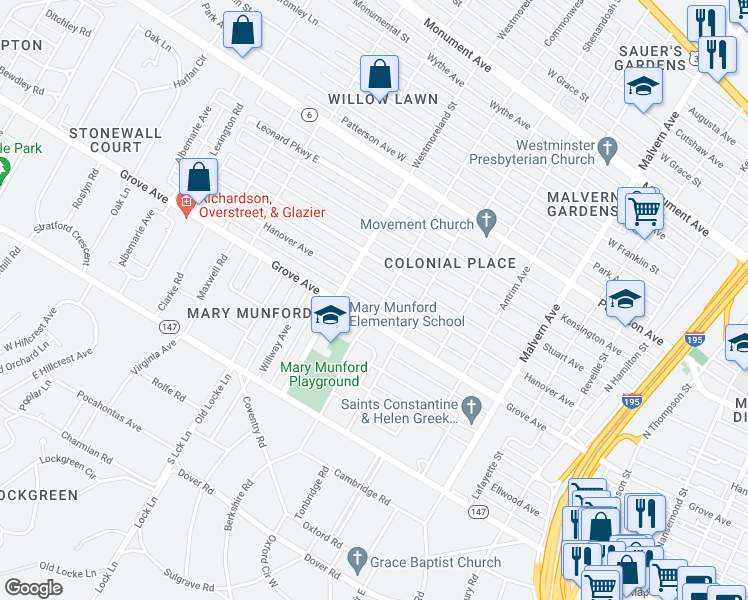 map of restaurants, bars, coffee shops, grocery stores, and more near 4503 Hanover Avenue in Richmond