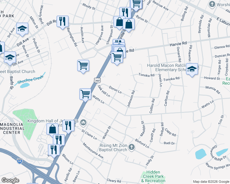 map of restaurants, bars, coffee shops, grocery stores, and more near 3200 Rosser Road in Richmond