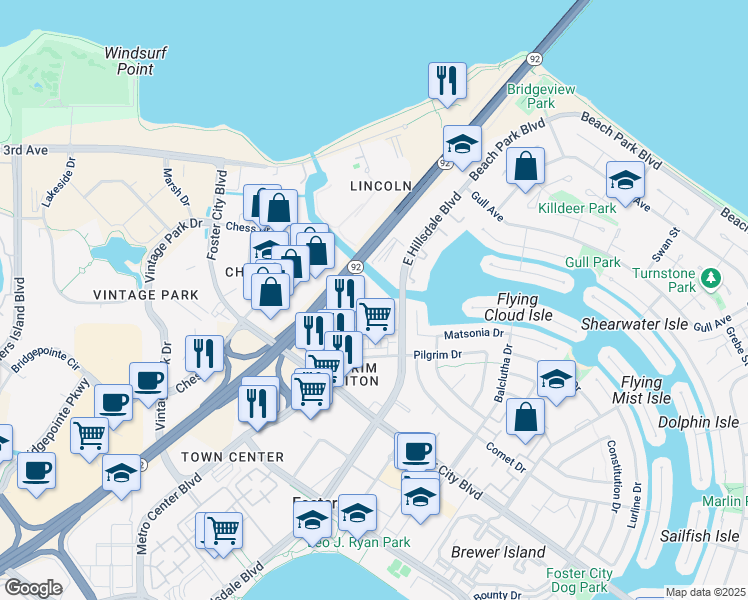 map of restaurants, bars, coffee shops, grocery stores, and more near 55 Triton Park Lane in Foster City