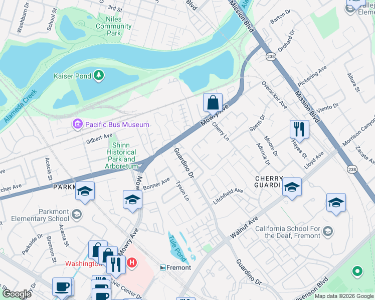 map of restaurants, bars, coffee shops, grocery stores, and more near 734 Mowry Avenue in Fremont