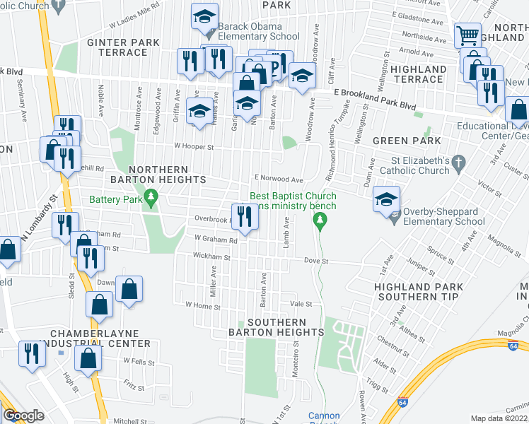 map of restaurants, bars, coffee shops, grocery stores, and more near 2420 Barton Avenue in Richmond