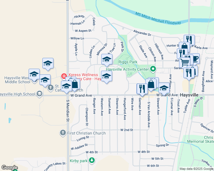 map of restaurants, bars, coffee shops, grocery stores, and more near 1100 West Grand Avenue in Haysville