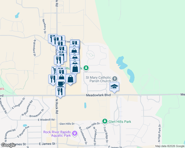 map of restaurants, bars, coffee shops, grocery stores, and more near 2206 East Bryant Street in Derby