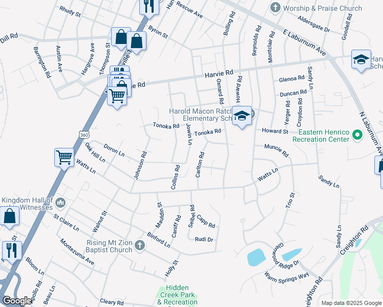 map of restaurants, bars, coffee shops, grocery stores, and more near 3207 Jowin Lane in Richmond