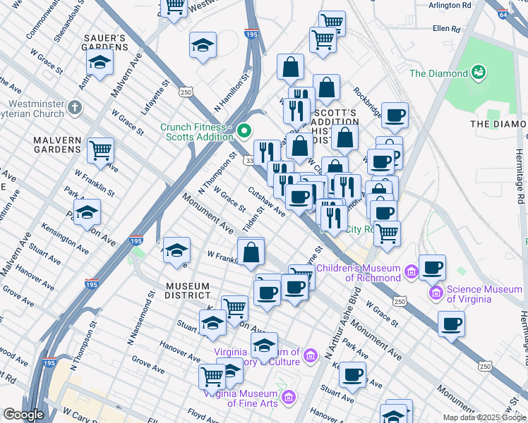 map of restaurants, bars, coffee shops, grocery stores, and more near 1017 Tilden Street in Richmond