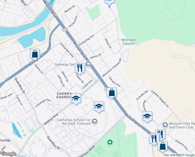 map of restaurants, bars, coffee shops, grocery stores, and more near in Fremont