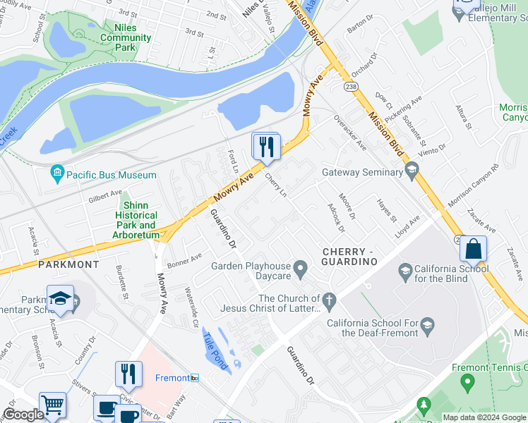 map of restaurants, bars, coffee shops, grocery stores, and more near 38623 Cherry Lane in Fremont