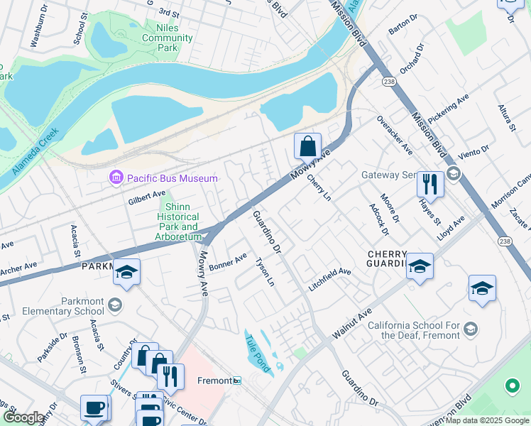 map of restaurants, bars, coffee shops, grocery stores, and more near in Fremont