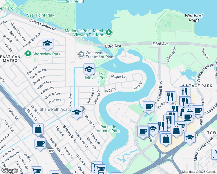 map of restaurants, bars, coffee shops, grocery stores, and more near 1637 Ark Street in San Mateo