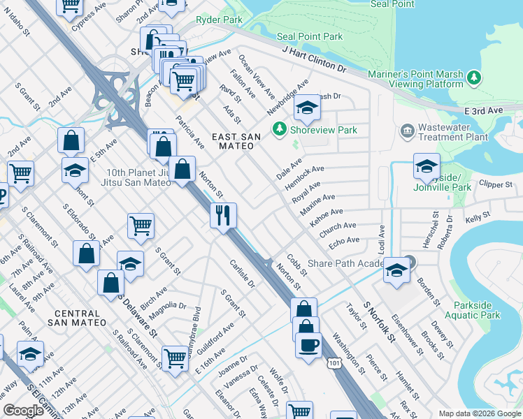 map of restaurants, bars, coffee shops, grocery stores, and more near 1433 Hemlock Avenue in San Mateo
