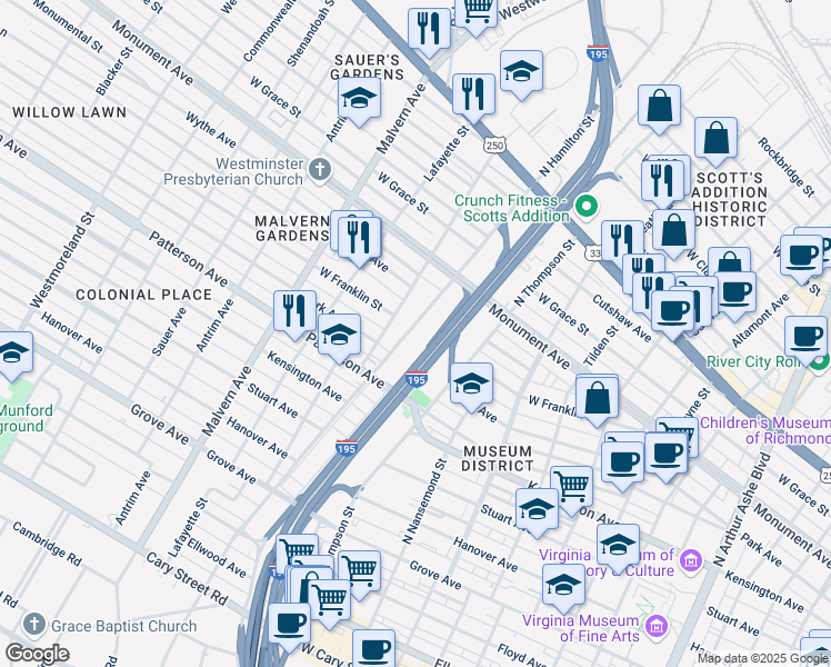 map of restaurants, bars, coffee shops, grocery stores, and more near 920 North Hamilton Street in Richmond