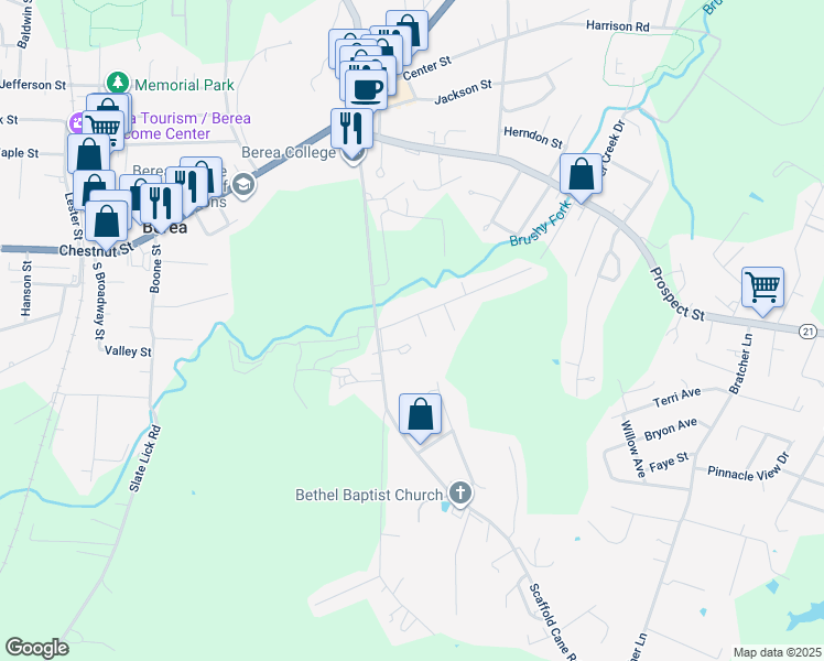 map of restaurants, bars, coffee shops, grocery stores, and more near 110 Elm Street in Berea