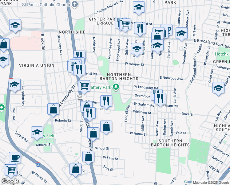map of restaurants, bars, coffee shops, grocery stores, and more near 598 Overbrook Road in Richmond