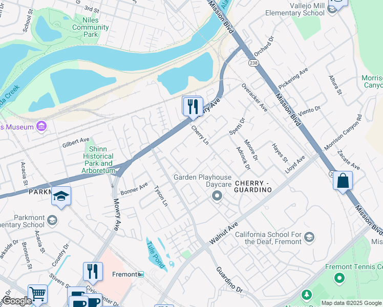 map of restaurants, bars, coffee shops, grocery stores, and more near 38623 Cherry Lane in Fremont
