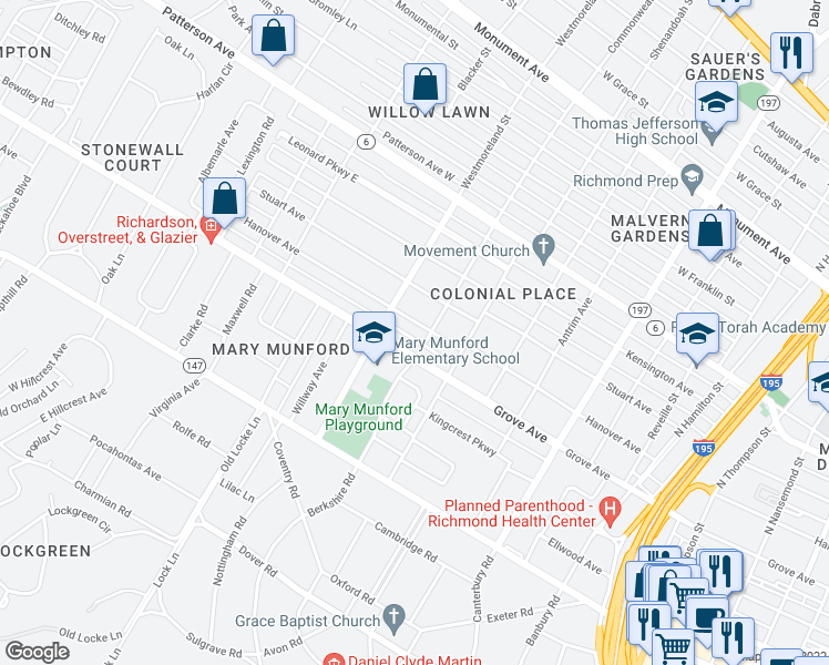 map of restaurants, bars, coffee shops, grocery stores, and more near 4505 Hanover Ave in Richmond