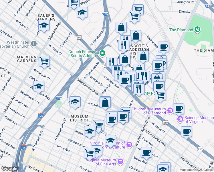 map of restaurants, bars, coffee shops, grocery stores, and more near 3307 Cutshaw Avenue in Richmond