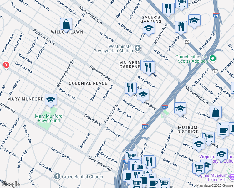 map of restaurants, bars, coffee shops, grocery stores, and more near 4106 Kensington Avenue in Richmond