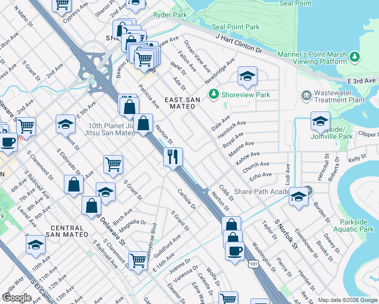 map of restaurants, bars, coffee shops, grocery stores, and more near 1040 Patricia Avenue in San Mateo